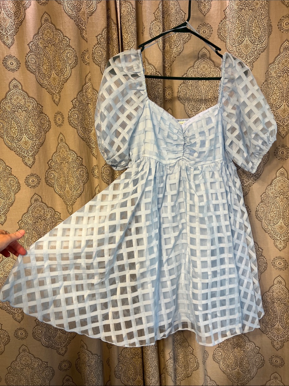 Light Blue Gingham Organza Puff Sleeve Mini Dress